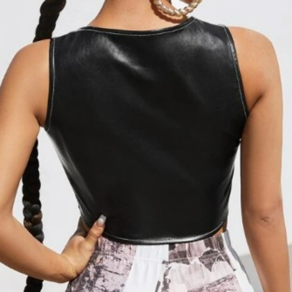 𝅺black Vegan Leather Cropped Tank Corset Lace Up Top Overstitching - Picture 2 of 6